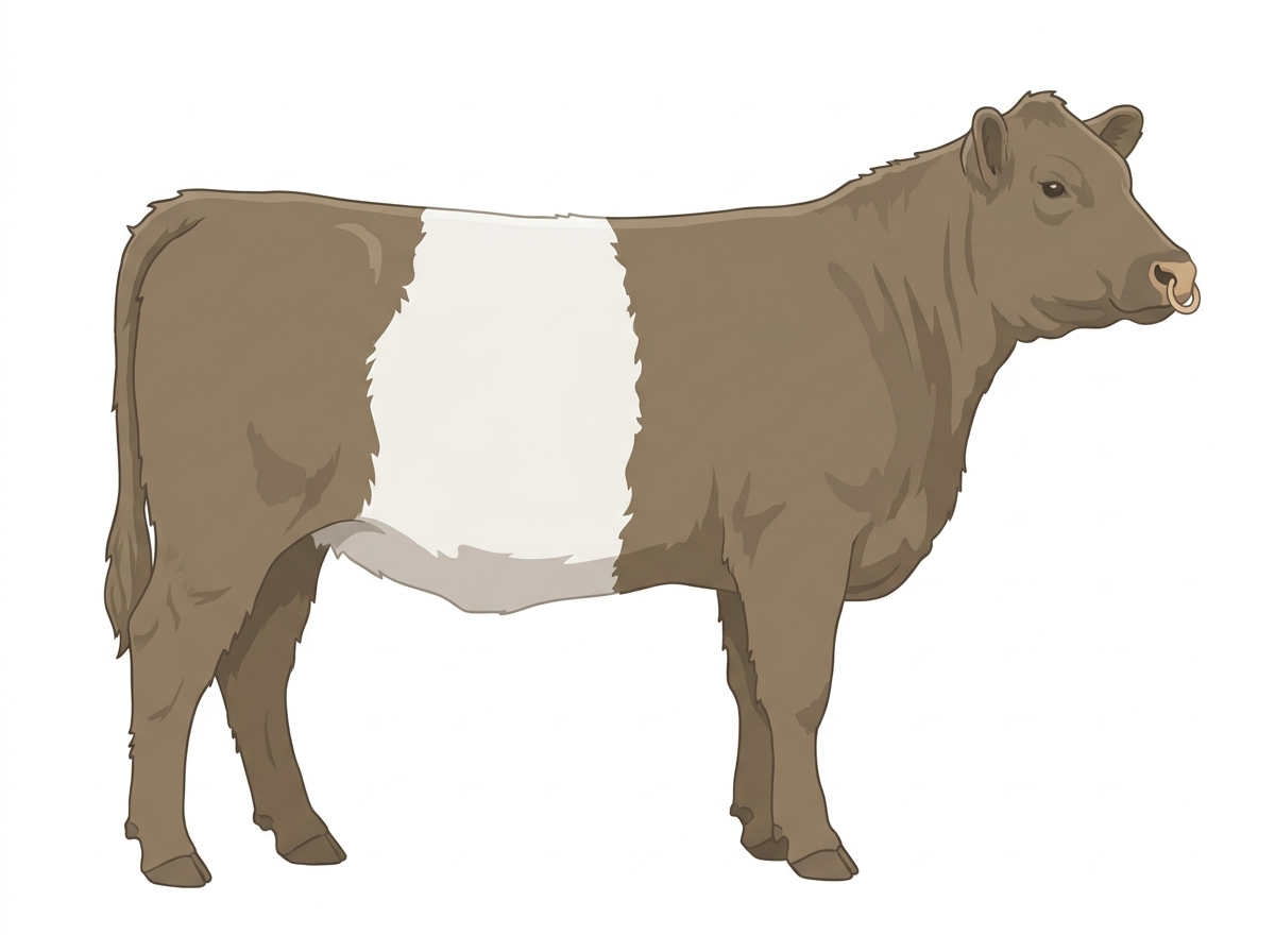 Dun with a pale muzzle ring and lighter underline and a white belt around the midsection Belted Galloway Cross Heifer