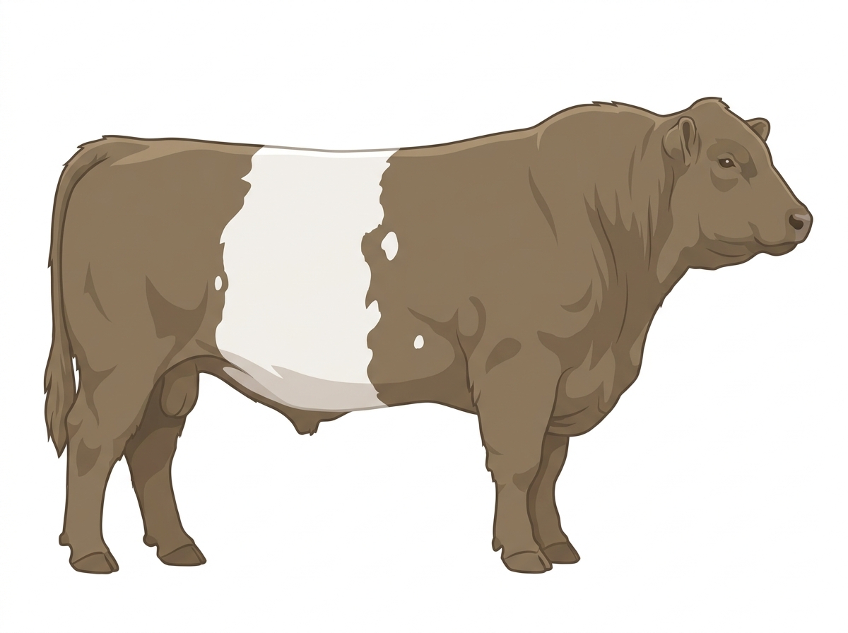 Dun with a white belt around the midsection and a few white spots Belted Galloway Cross Bull