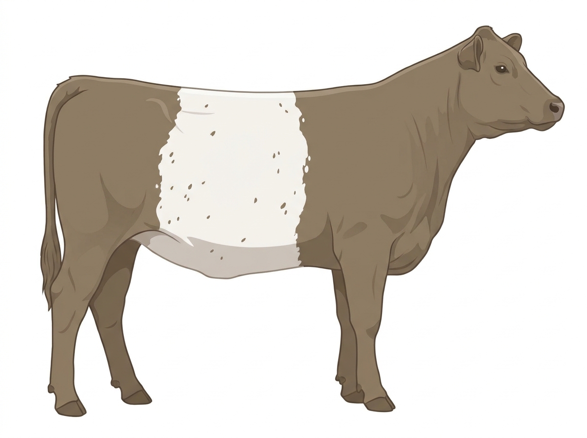 Dun with a white belt around the midsection and ticking in the white Belted Galloway Cross Heifer