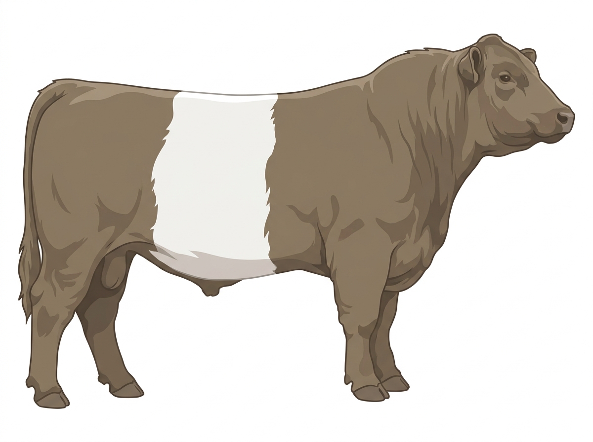 Dun with a white belt around the midsection Belted Galloway Cross Bull