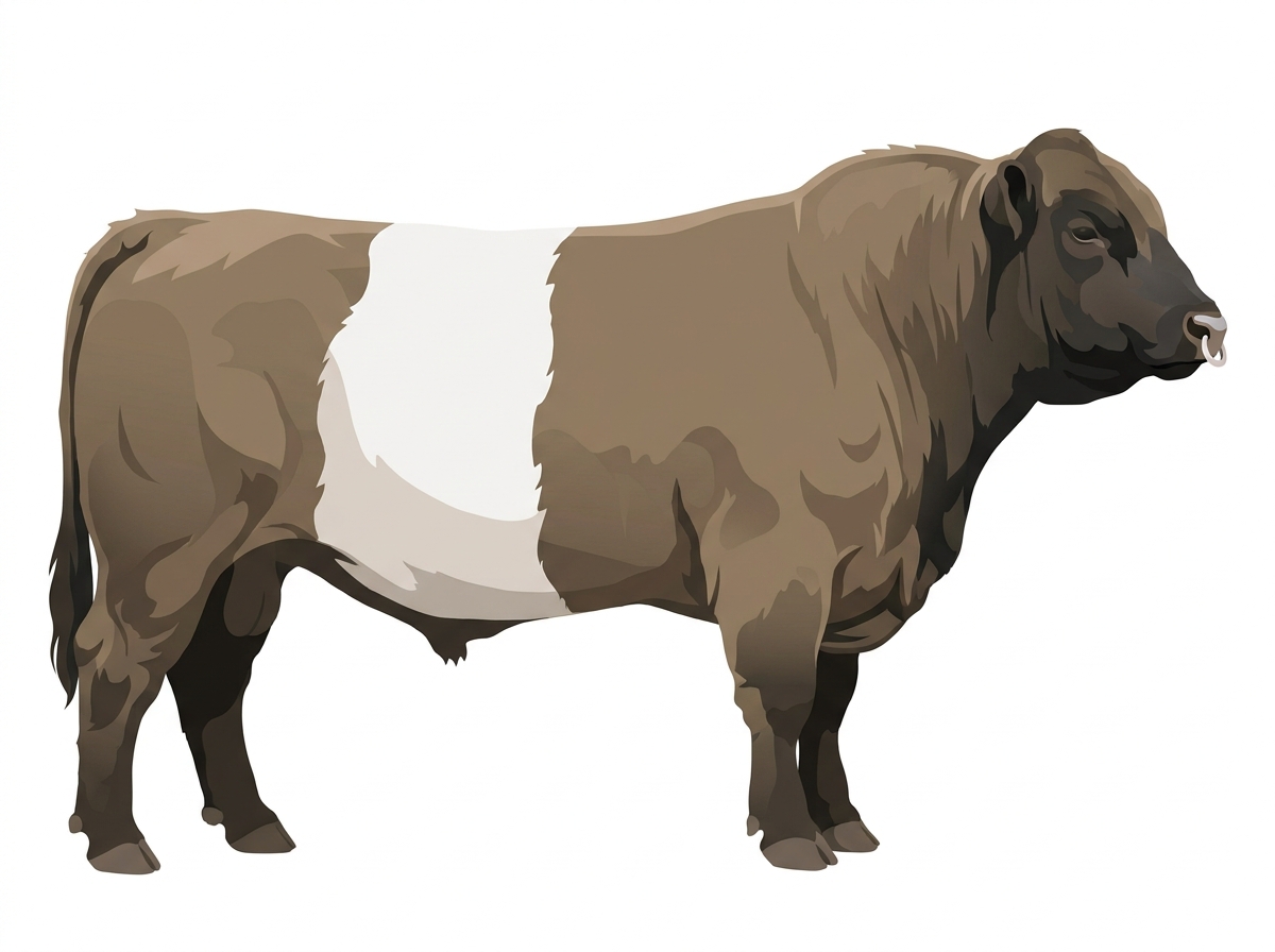 Dun with black points and a pale muzzle ring and lighter underline Belted Galloway Cross Bull