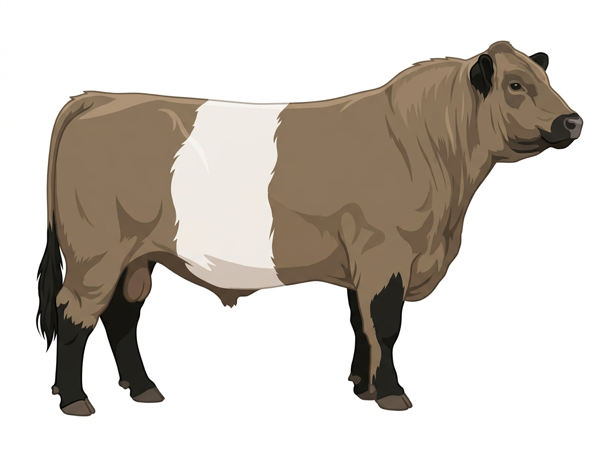 Dun with black points and a white belt around the midsection Belted Galloway Cross Bull