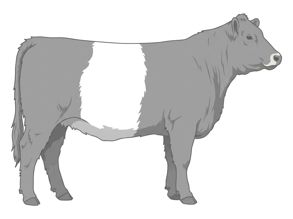 Gray with a pale muzzle ring and lighter underline and a white belt around the midsection Belted Galloway Cross Heifer