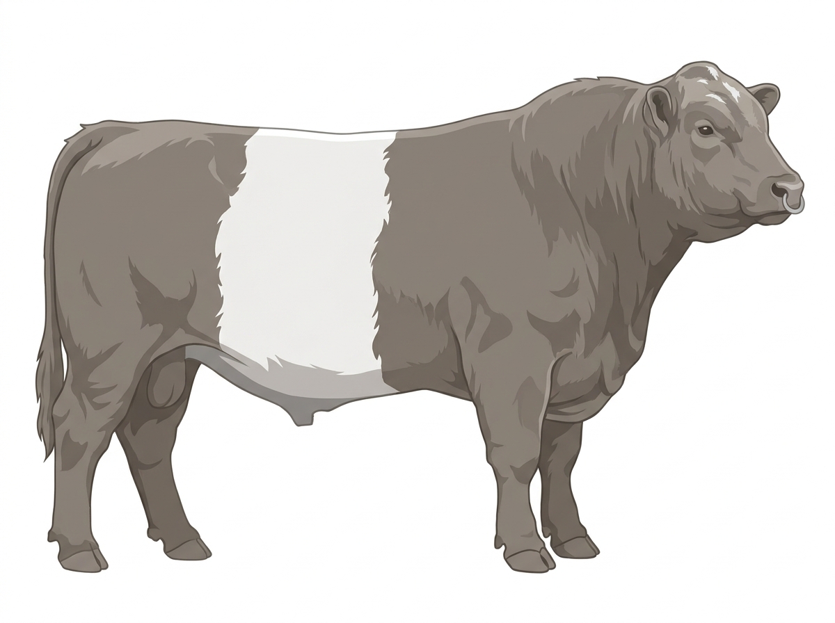 Gray with a pale muzzle ring and lighter underline and minimal white face markings Belted Galloway Cross Bull