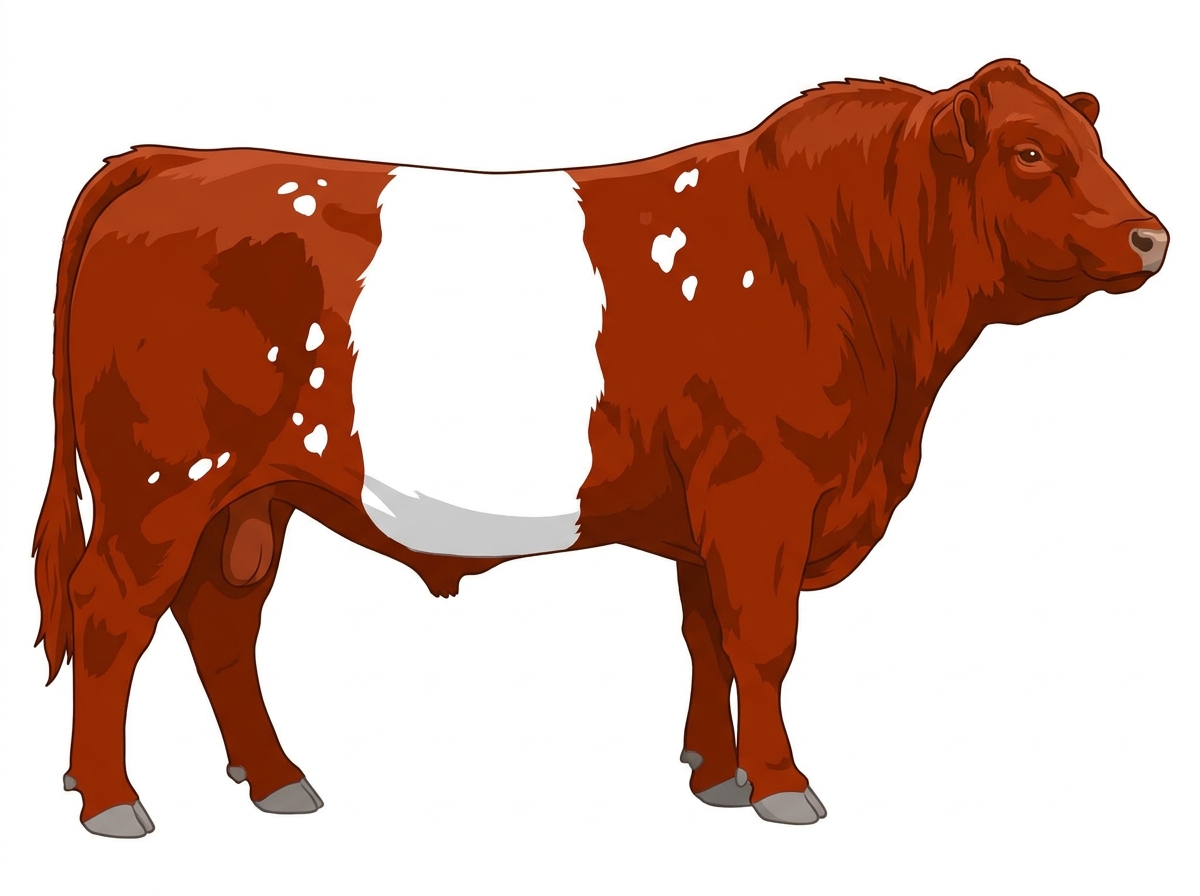 Red with a few white spots Belted Galloway Cross Bull