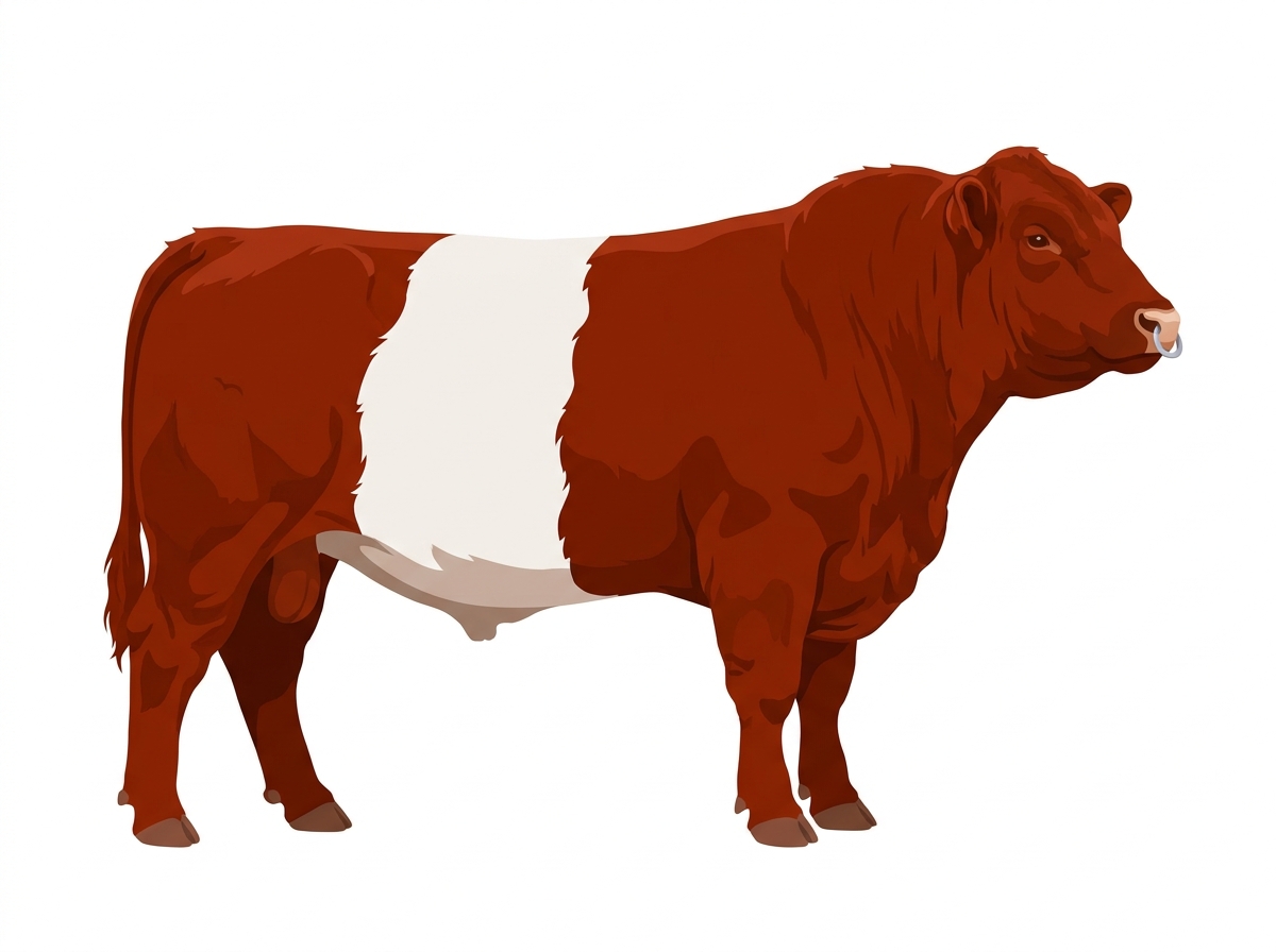 Red with a pale muzzle ring and lighter underline and a white belt around the midsection Belted Galloway Cross Bull