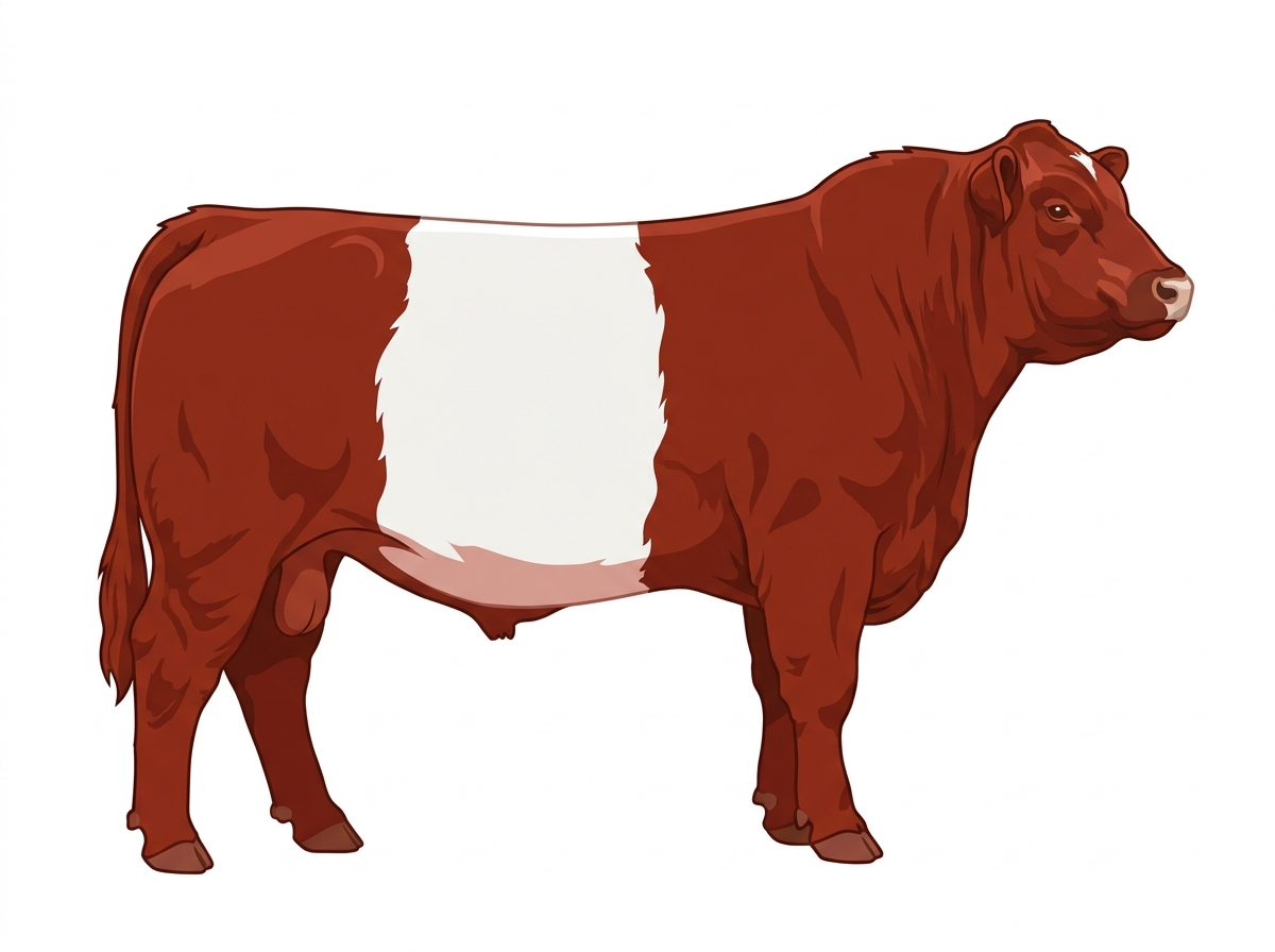 Red with a pale muzzle ring and lighter underline and minimal white face markings Belted Galloway Cross Bull