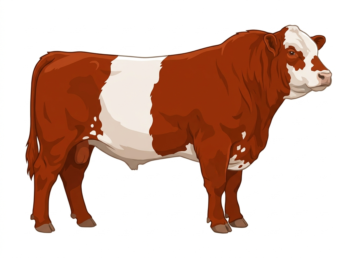 Red with a partial white face and a few white spots Belted Galloway Cross Bull