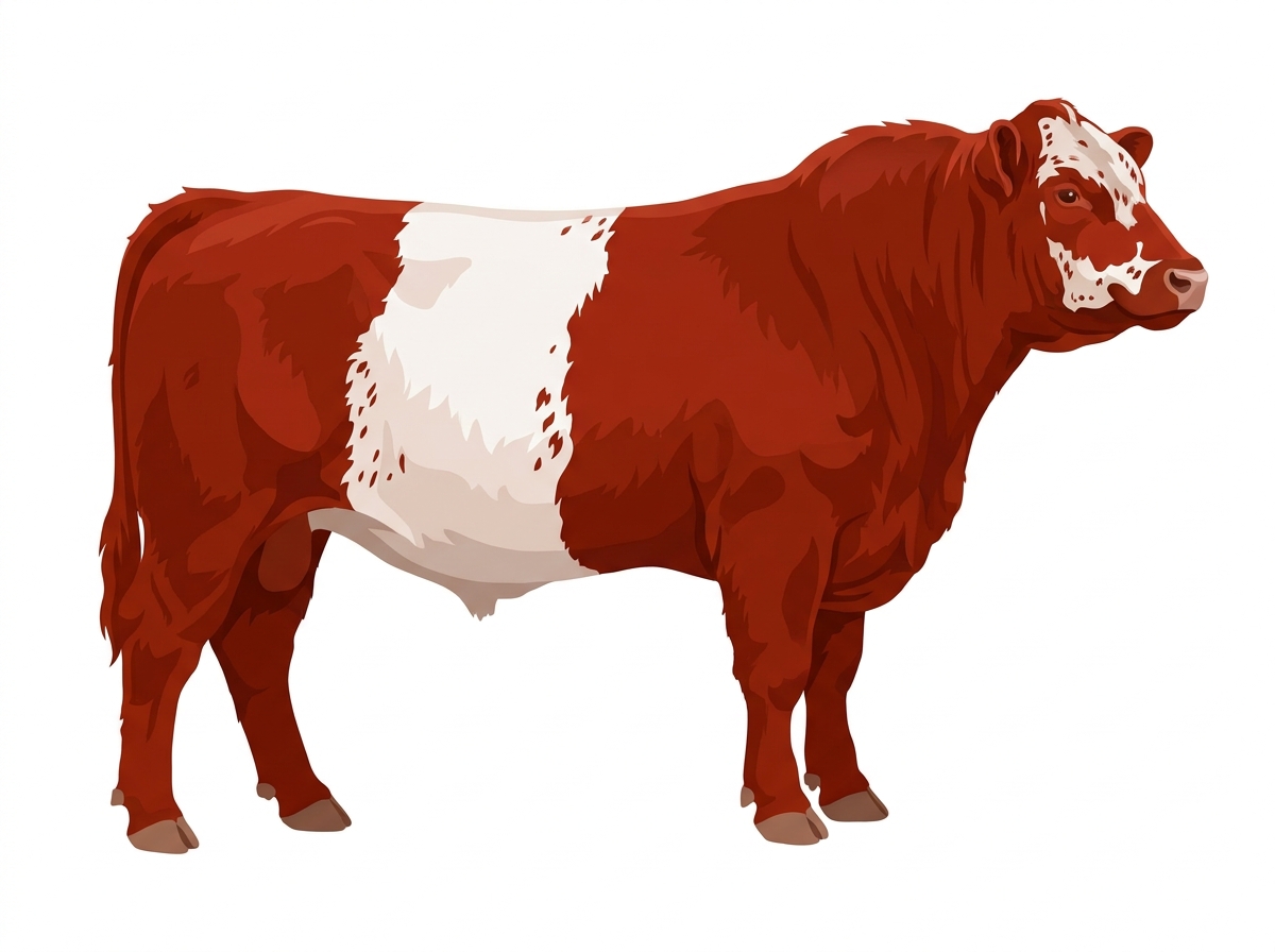Red with a partial white face and ticking in the white Belted Galloway Cross Bull