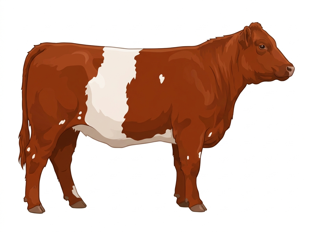 Red with a white belt around the midsection and a few white spots Belted Galloway Cross Heifer