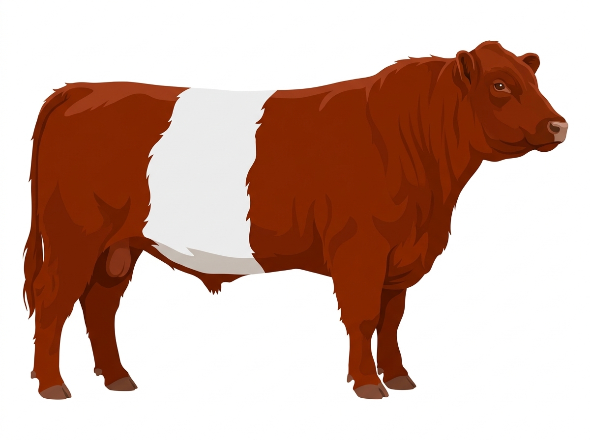 Red with a white belt around the midsection Belted Galloway Cross Bull