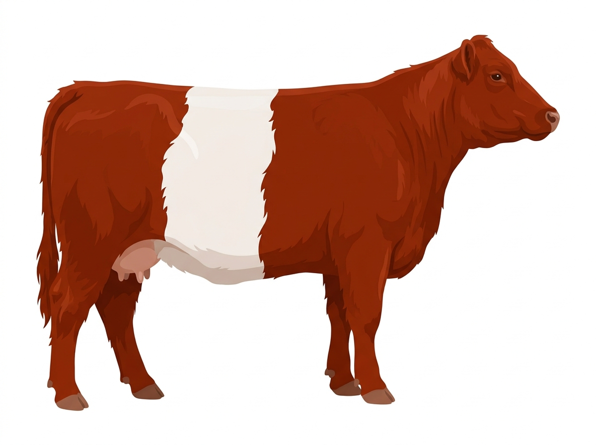 Red with a white belt around the midsection Belted Galloway Cross Cow