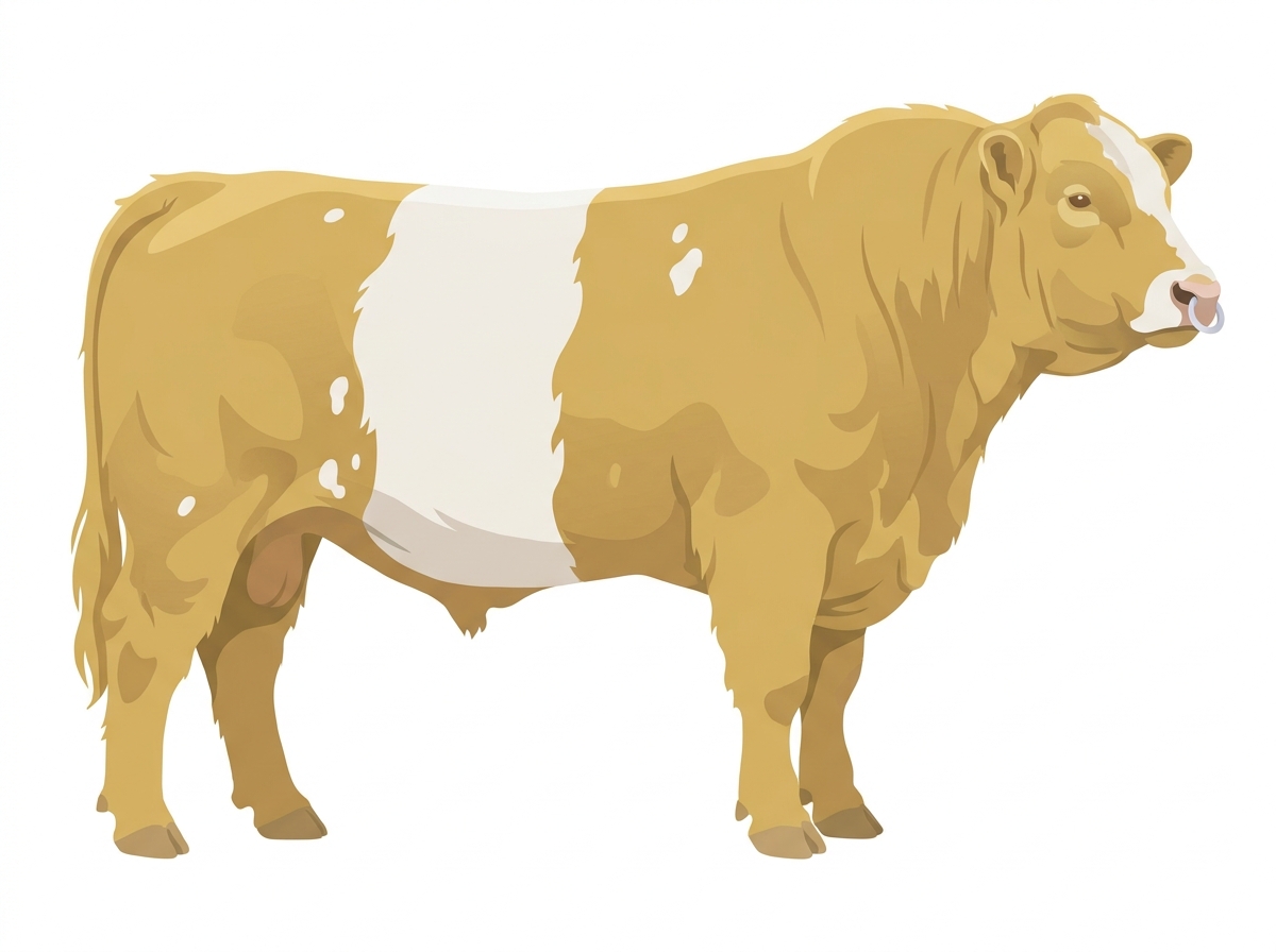 Yellow Dun with a pale muzzle ring and lighter underline, a partial white face and a few white spots Belted Galloway Cross Bull