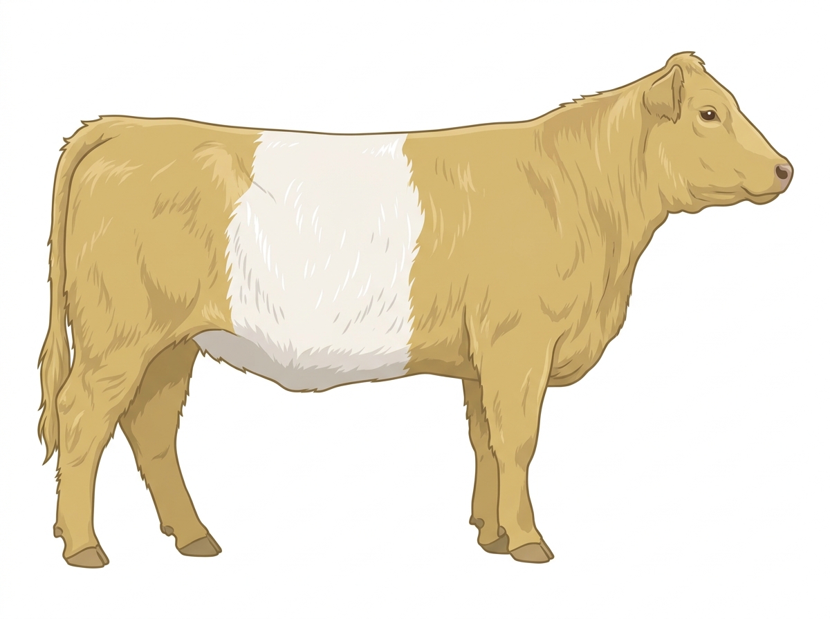 Yellow Dun with a white belt around the midsection and ticking in the white Belted Galloway Cross Heifer
