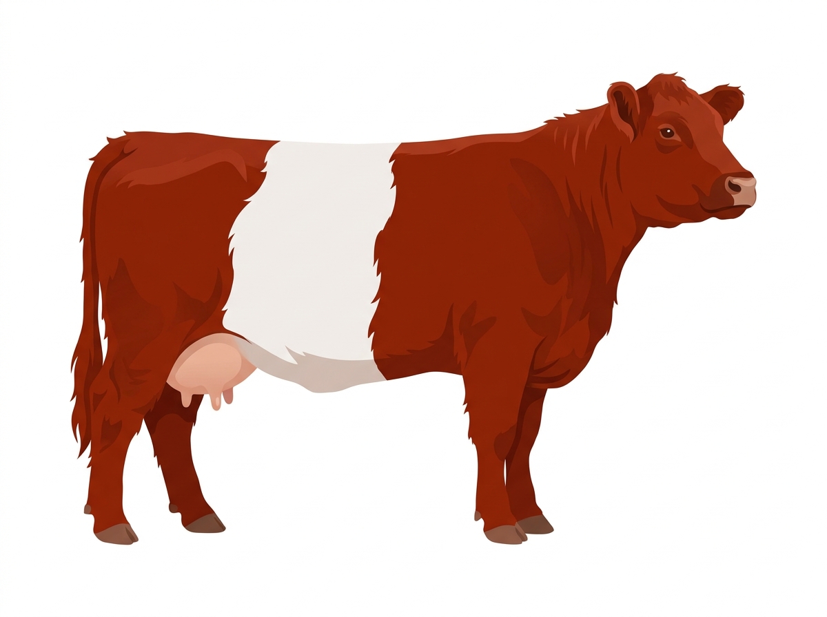 Red with a white belt around the midsection Belted Galloway Cow