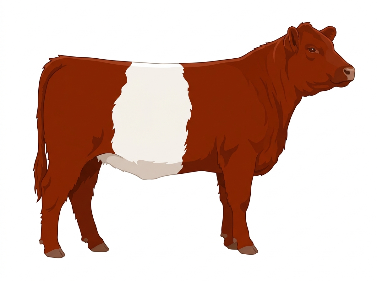 Red with a white belt around the midsection Belted Galloway Heifer