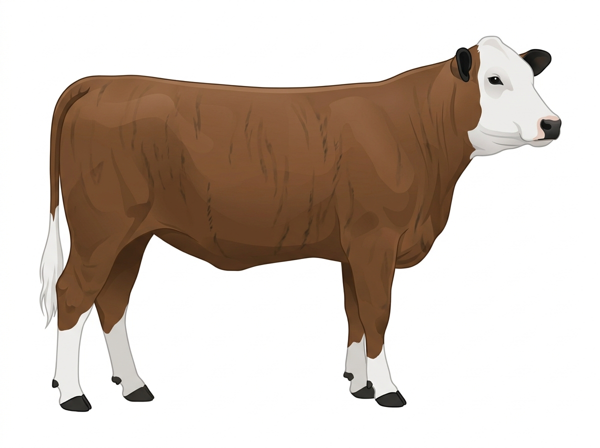 Brown brindle with faint black striping, black points and a white face Braford Heifer