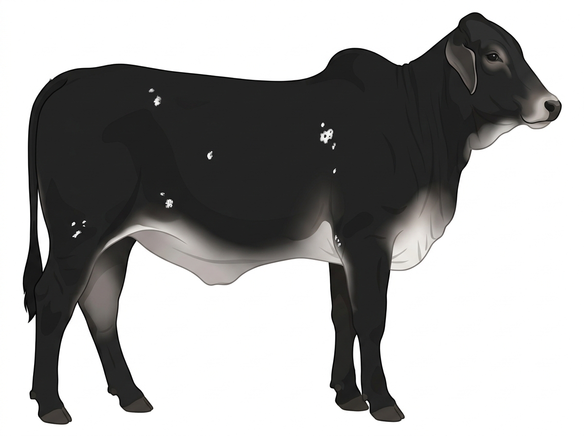 Black with a few white spots and ticking in the white Brahman Cross Heifer