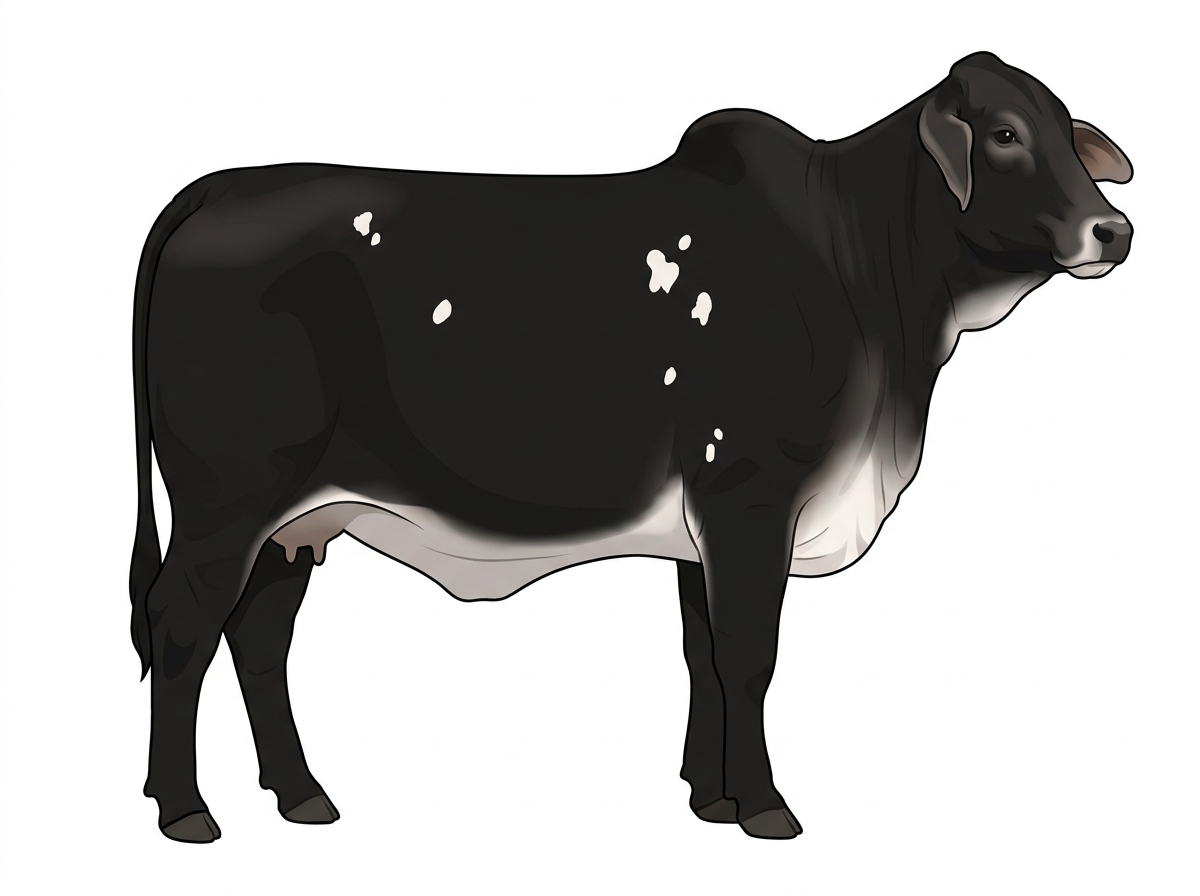 Black with a few white spots Brahman Cross Cow