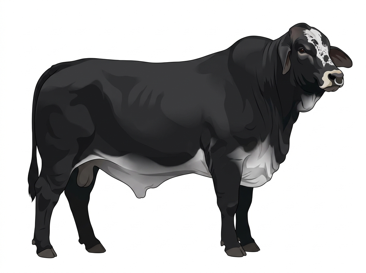 Black with a pale muzzle ring and lighter underline, a white face and ticking in the white Brahman Cross Bull