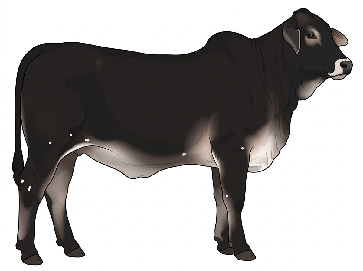 Black with a pale muzzle ring and lighter underline and a few white spots Brahman Cross Heifer