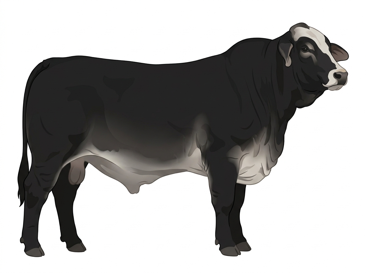 Black with a pale muzzle ring and lighter underline and a partial white face Brahman Cross Bull