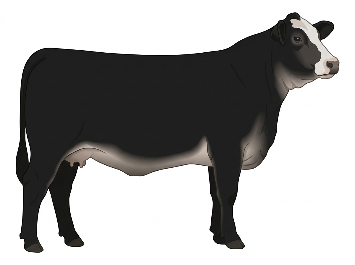 Black with a pale muzzle ring and lighter underline and a partial white face Brahman Cross Cow