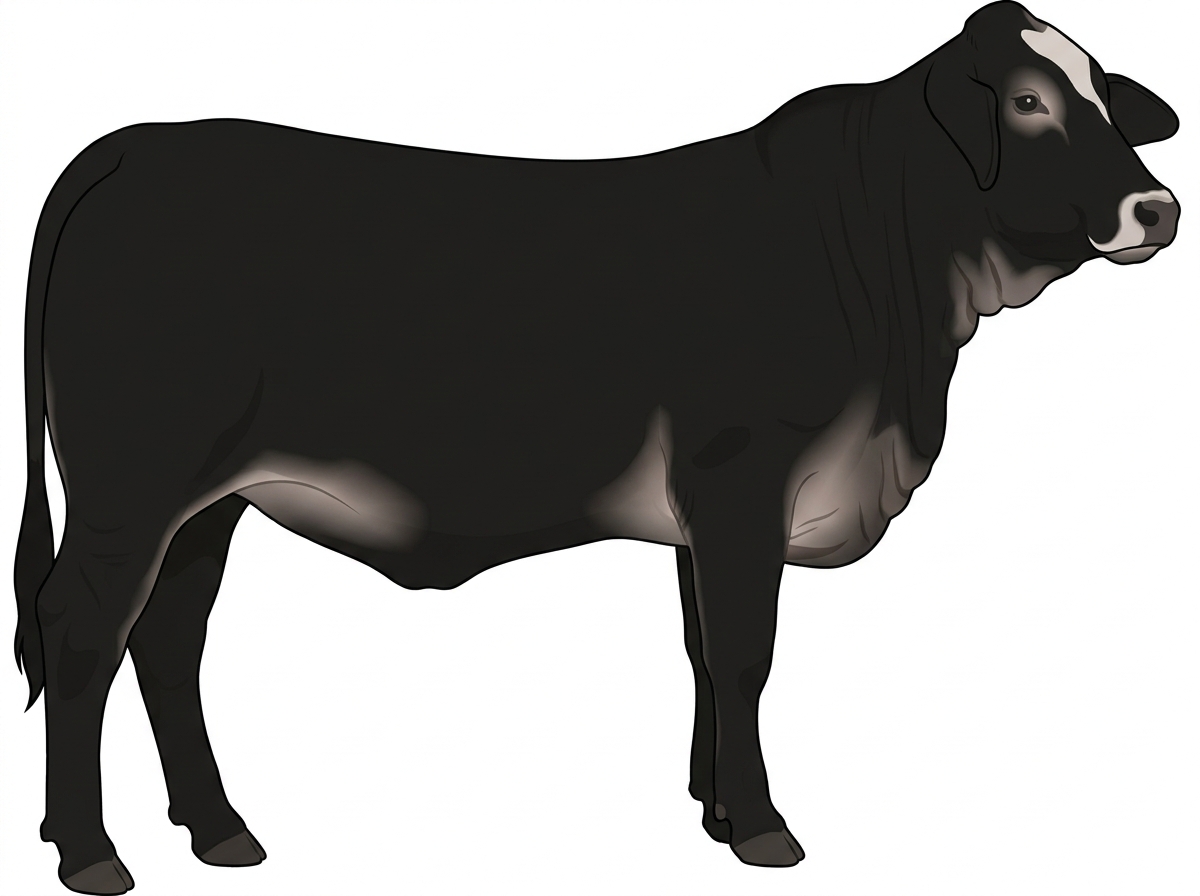 Black with a pale muzzle ring and lighter underline and a partial white face Brahman Cross Heifer
