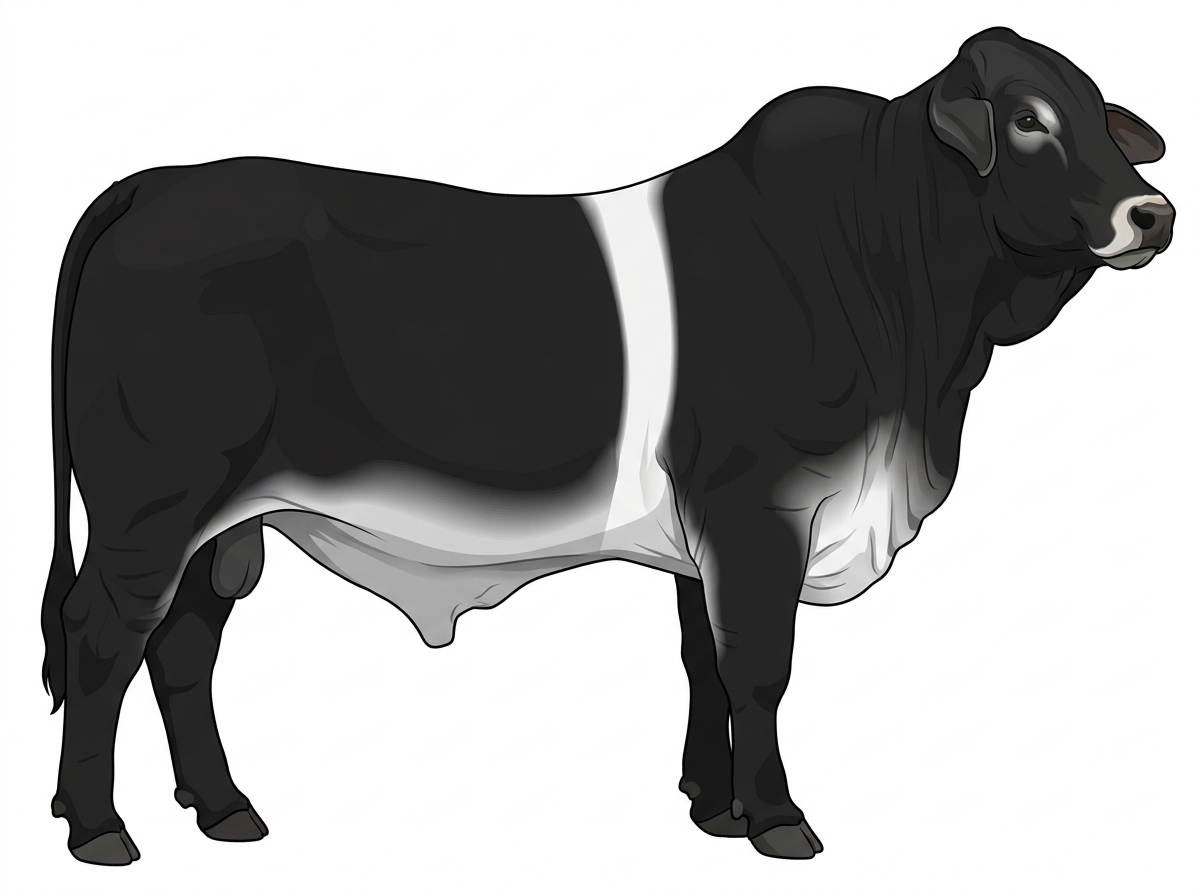 Black with a pale muzzle ring and lighter underline and a white belt around the midsection Brahman Cross Bull