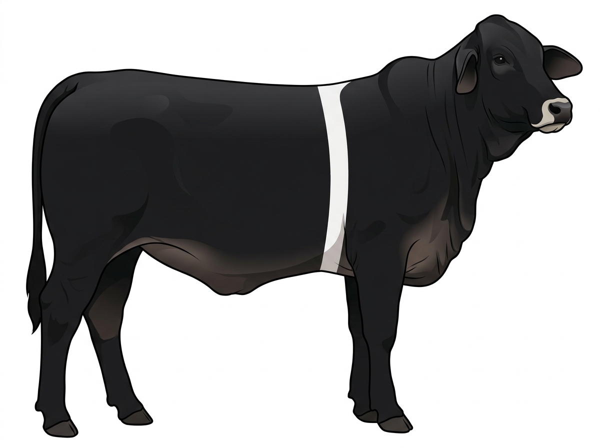 Black with a pale muzzle ring and lighter underline and a white belt around the midsection Brahman Cross Heifer
