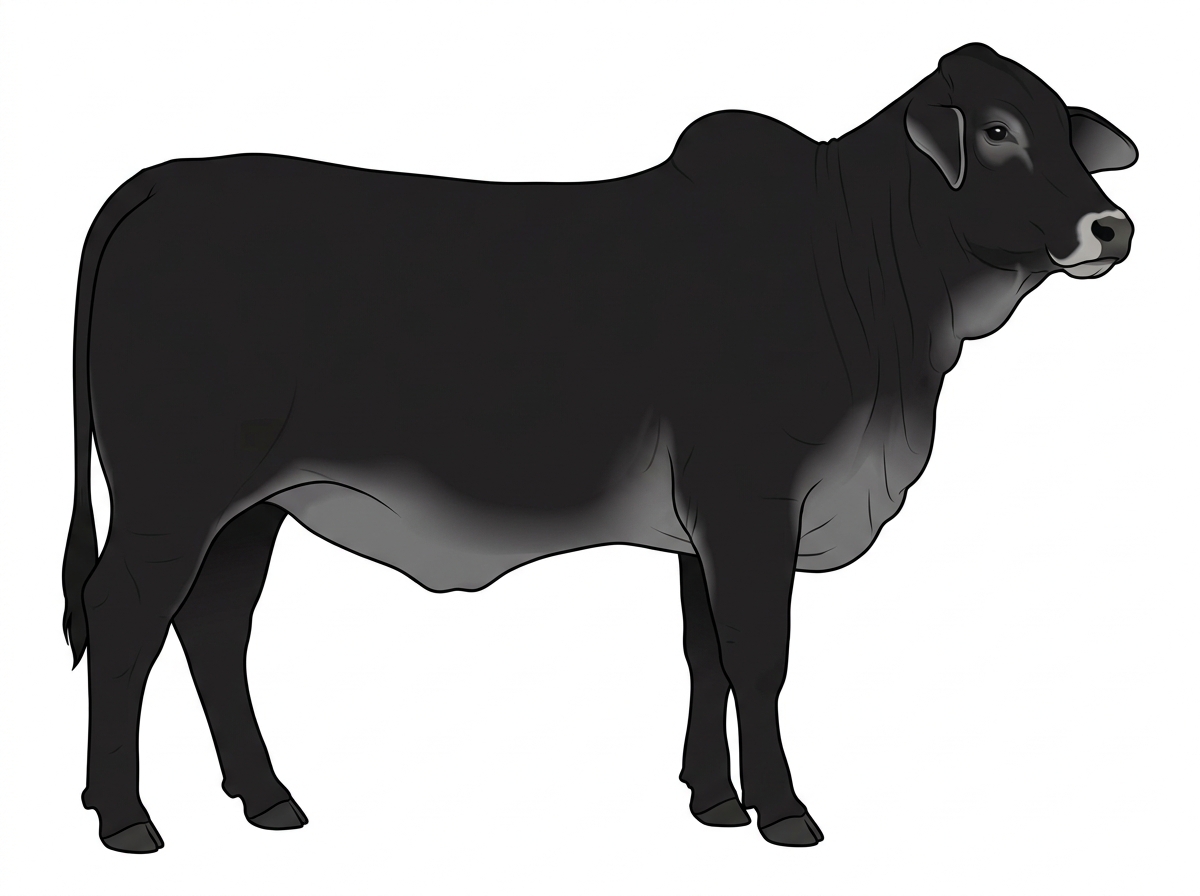 Black with a pale muzzle ring and lighter underline and minimal white face markings Brahman Cross Heifer