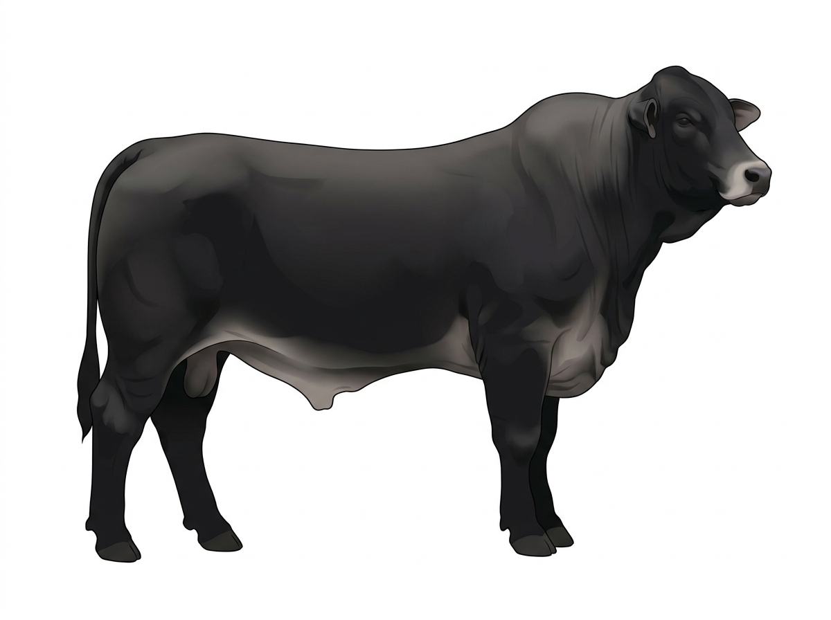 Black with a pale muzzle ring and lighter underline Brahman Cross Bull