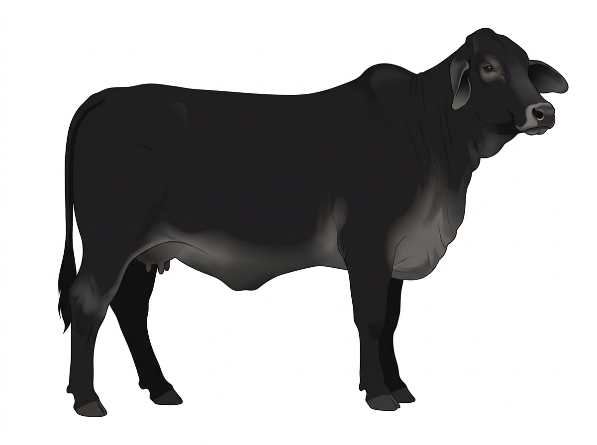 Black with a pale muzzle ring and lighter underline Brahman Cross Cow