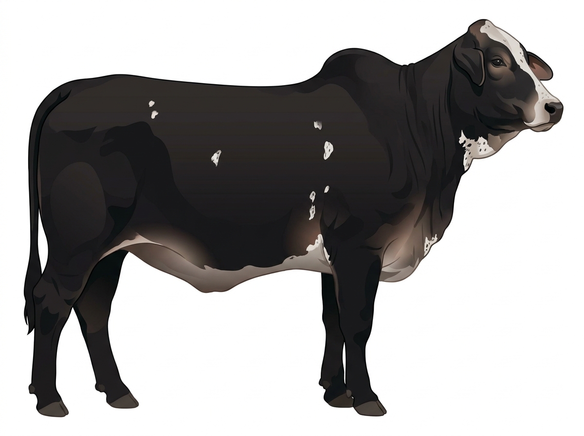 Black with a partial white face, a few white spots and ticking in the white Brahman Cross Cow