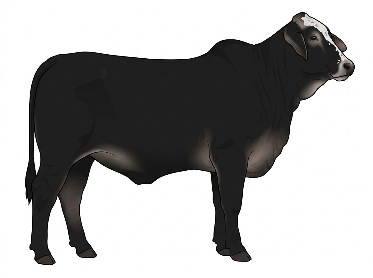 Black with a partial white face, a few white spots and ticking in the white Brahman Cross Heifer