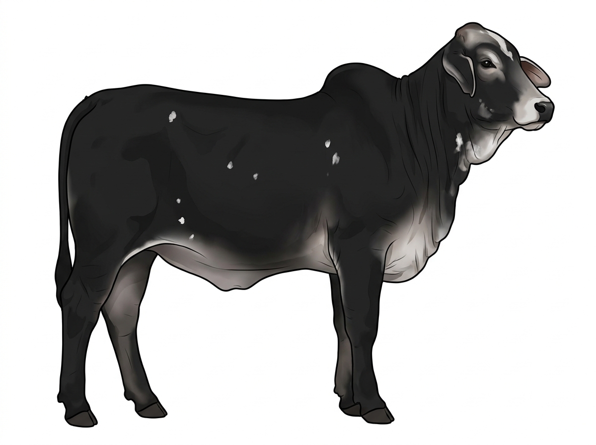 Black with a partial white face and a few white spots Brahman Cross Heifer