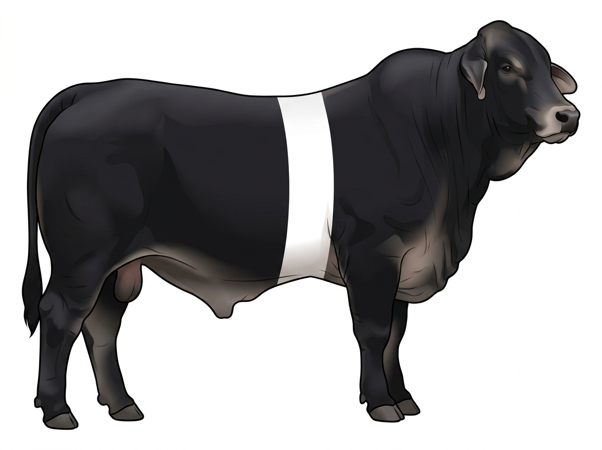Black with a white belt around the midsection Brahman Cross Bull