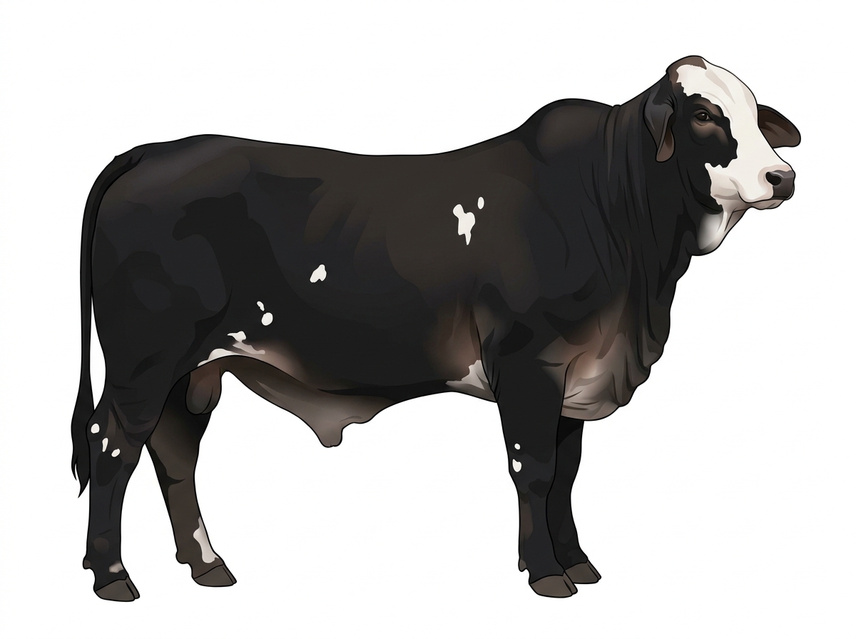 Black with a white face and a few white spots Brahman Cross Bull