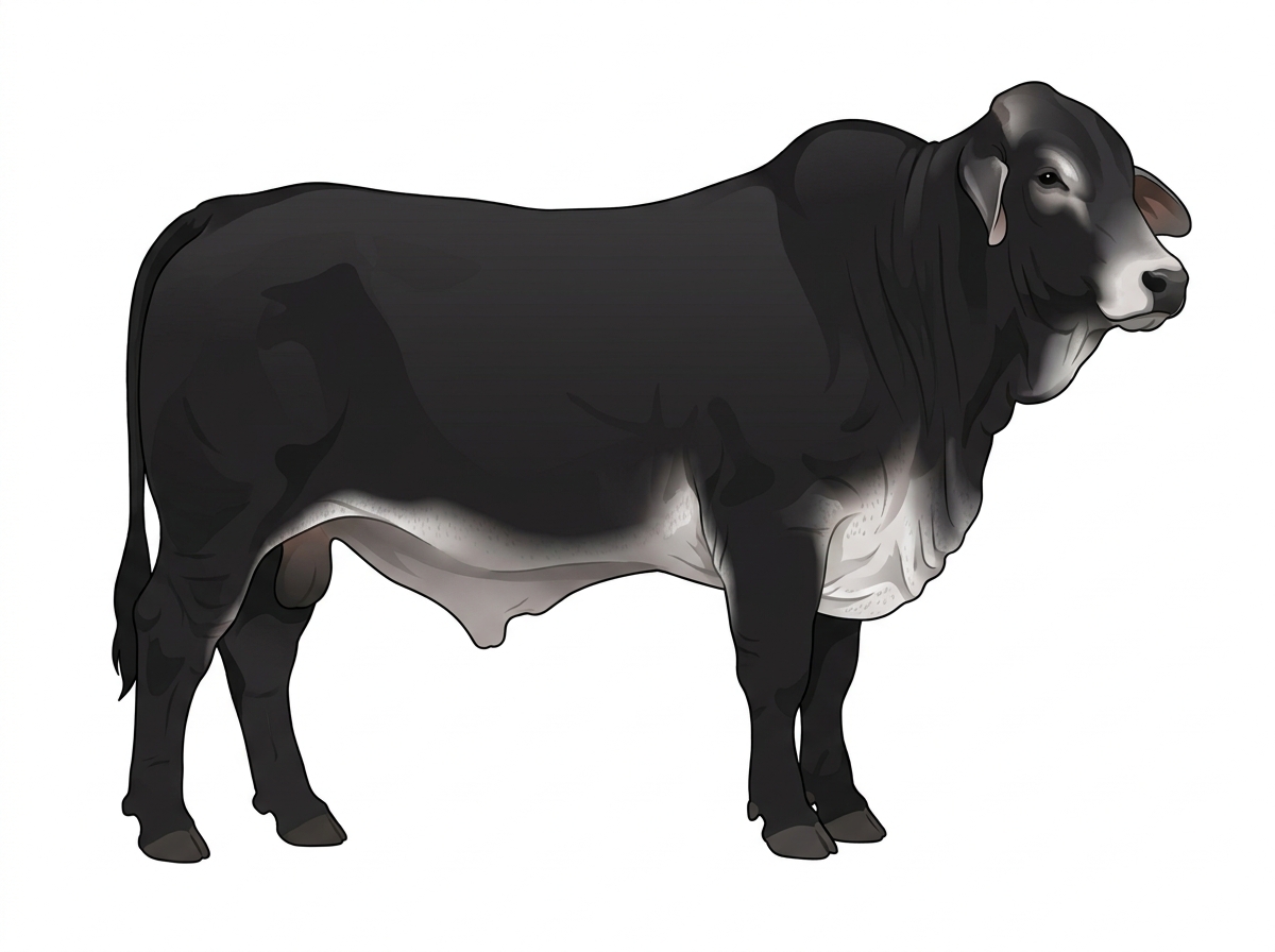 Black with ticking in the white Brahman Cross Bull