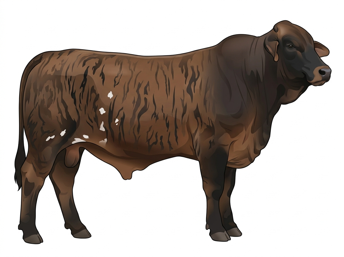 Brown brindle with black stripes, black points and a few white spots Brahman Cross Bull