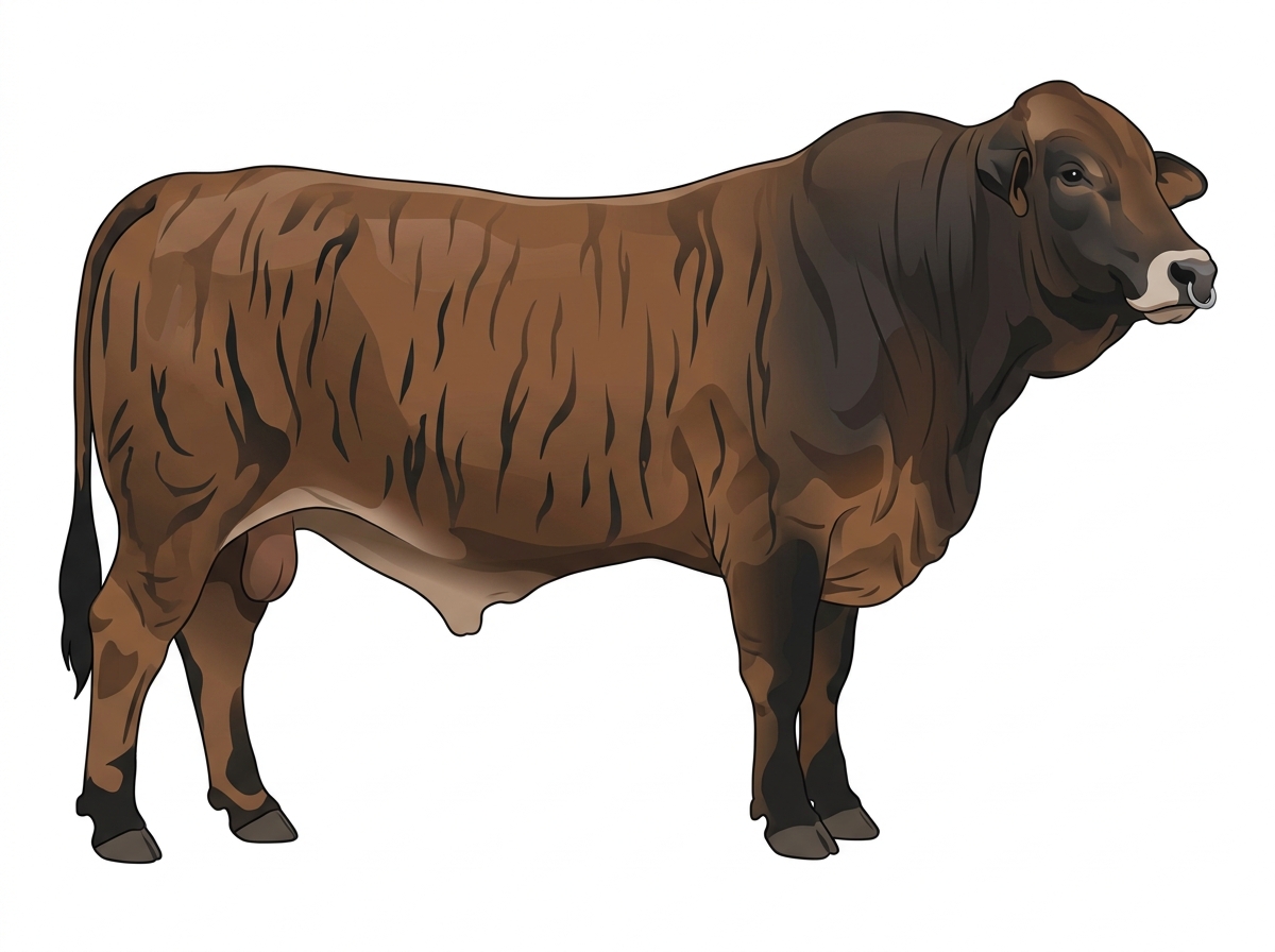 Brown brindle with black stripes, black points and a pale muzzle ring and lighter underline Brahman Cross Bull
