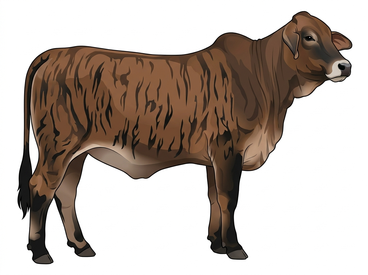 Brown brindle with black stripes, black points and a pale muzzle ring and lighter underline Brahman Cross Cow
