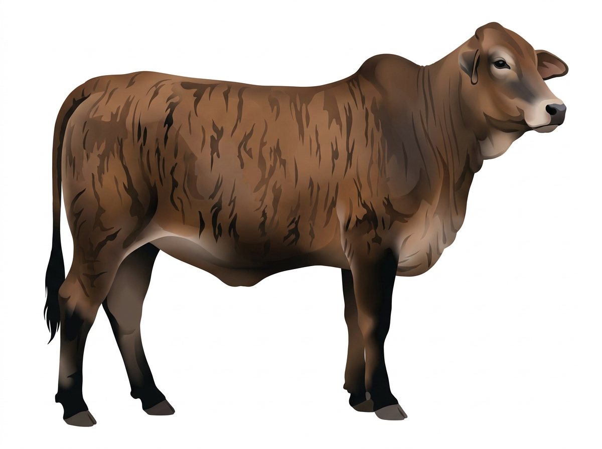 Brown brindle with black stripes, black points and a pale muzzle ring and lighter underline Brahman Cross Heifer