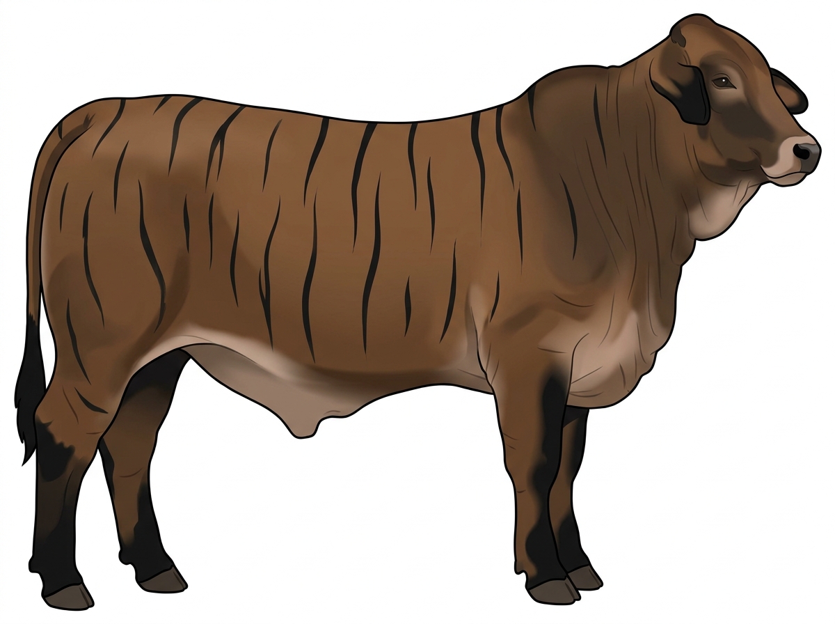 Brown brindle with black stripes, black points and a pale muzzle ring and lighter underline Brahman Cross Steer