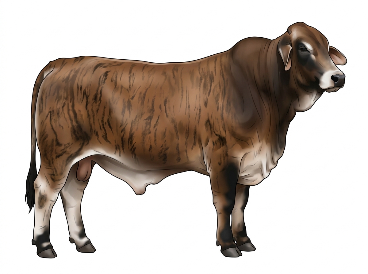 Brown brindle with black stripes, black points and a partial white face Brahman Cross Bull