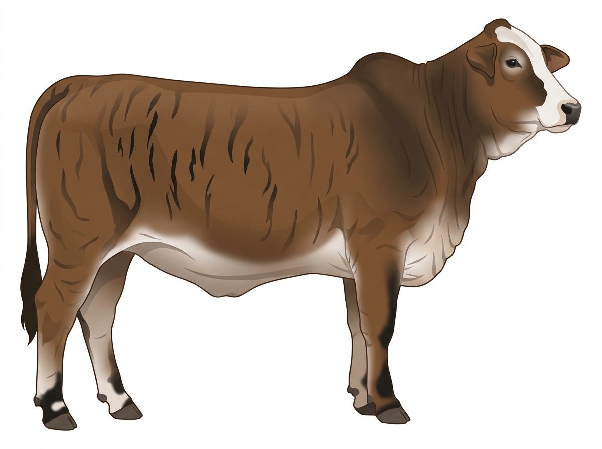 Brown brindle with black stripes, black points and a partial white face Brahman Cross Heifer