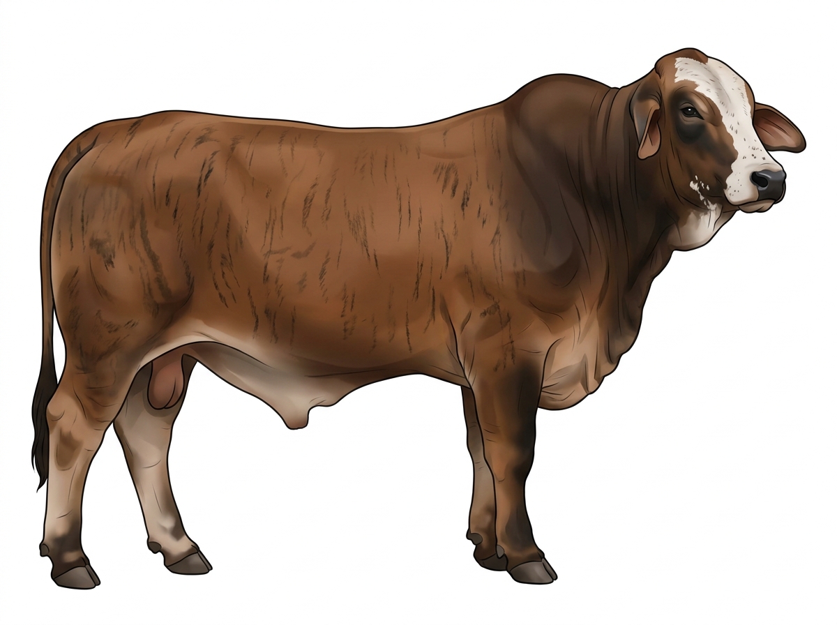 Brown brindle with faint black striping, black points, a partial white face and ticking in the white Brahman Cross Bull