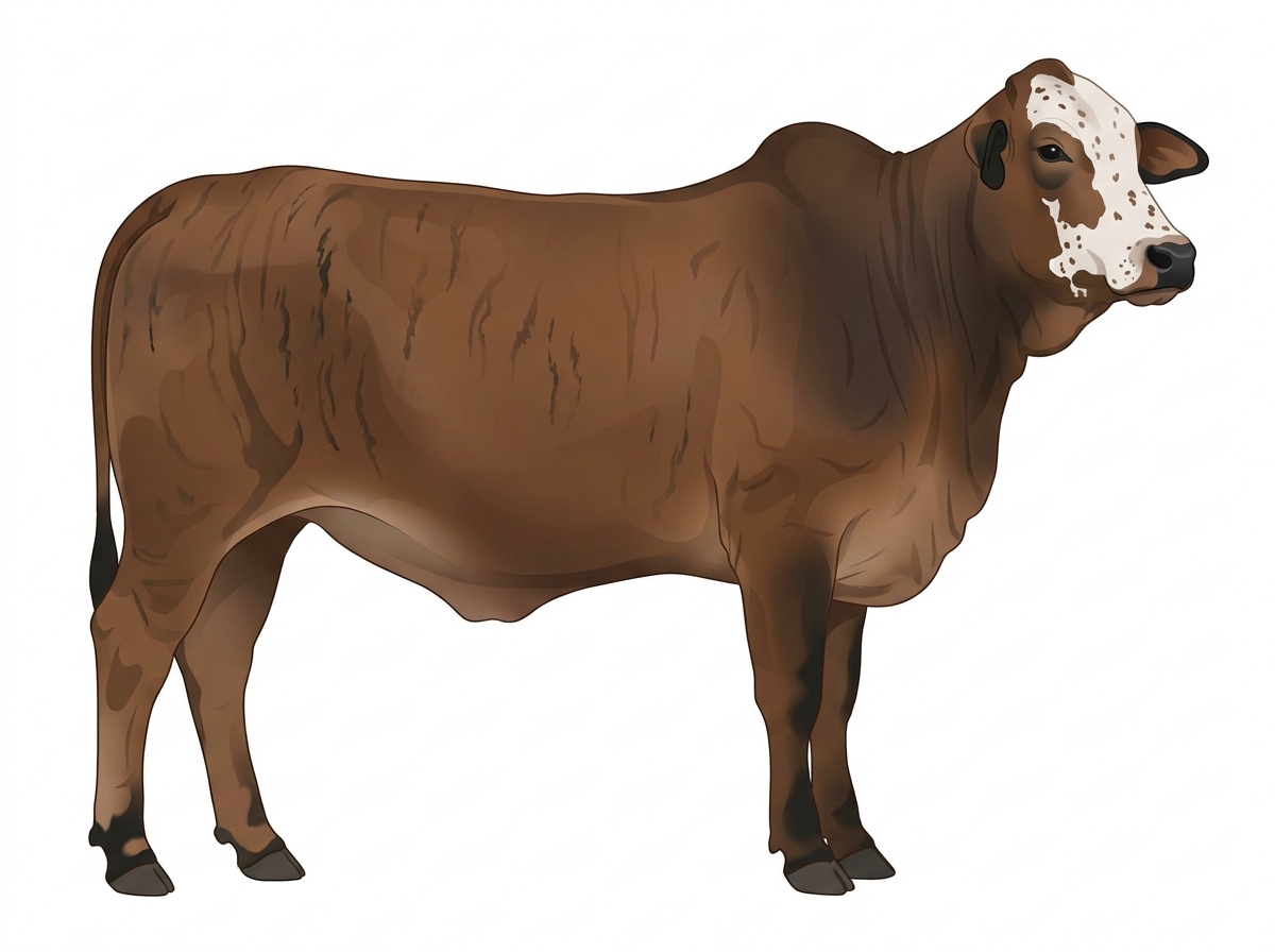 Brown brindle with faint black striping, black points, a partial white face and ticking in the white Brahman Cross Cow