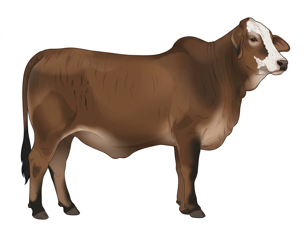 Brown brindle with faint black striping, black points, a partial white face and ticking in the white Brahman Cross Heifer