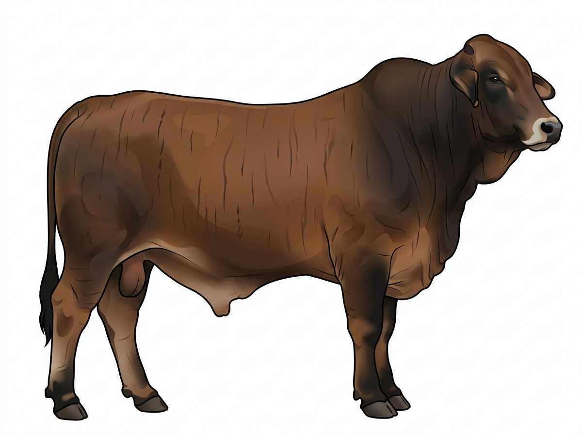 Brown brindle with faint black striping, black points and a pale muzzle ring and lighter underline Brahman Cross Bull